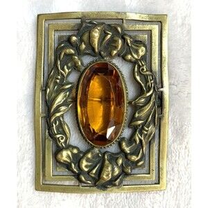 Antique Art Nouveau Brass Sash Pin Amber Glass Stone Open C Clasp 1910s Brooch